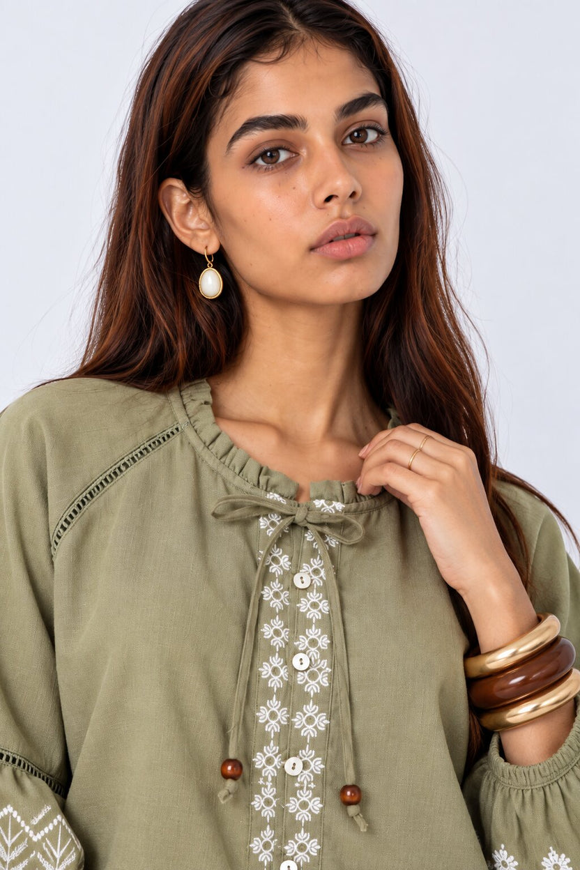 Womens Green Embroidered Tie Neck Tunic - Image 9