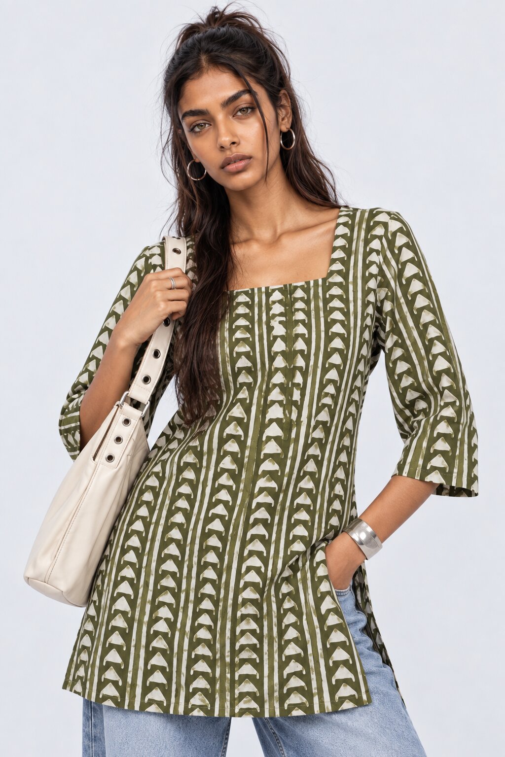 Womens Green Square Neck Cambric Straight Tunic - Image 1