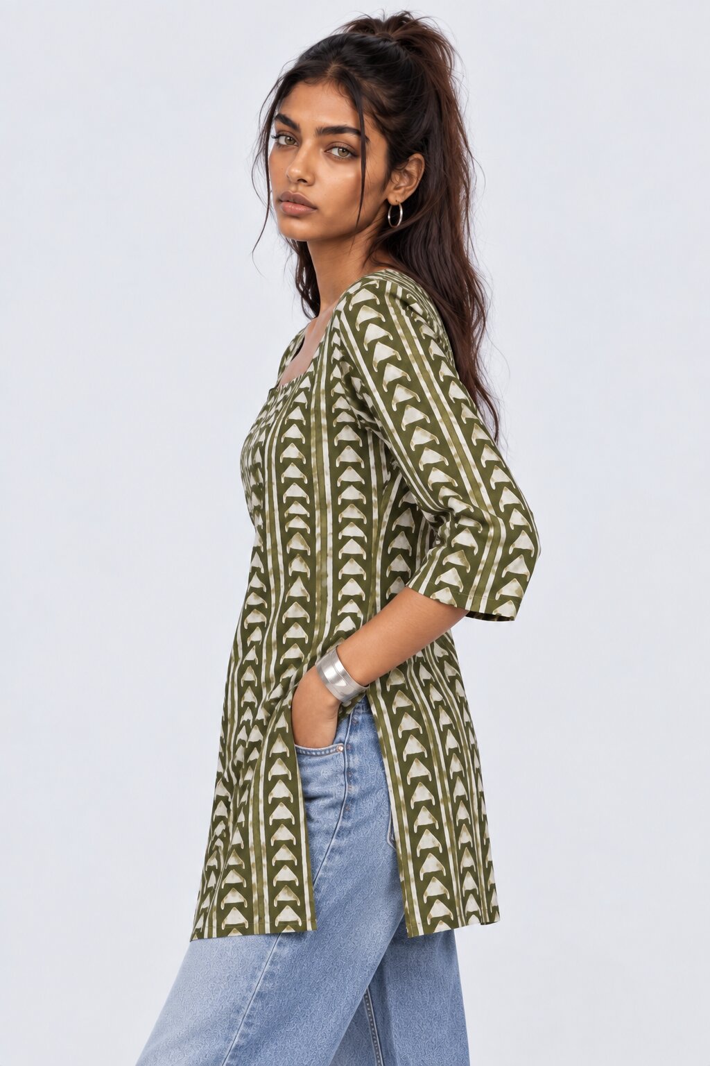 Womens Green Square Neck Cambric Straight Tunic - Image 4