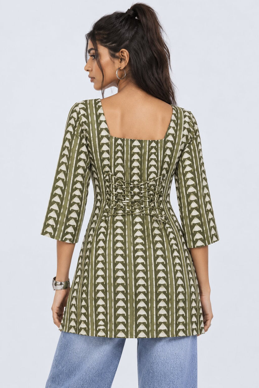 Womens Green Square Neck Cambric Straight Tunic - Image 5