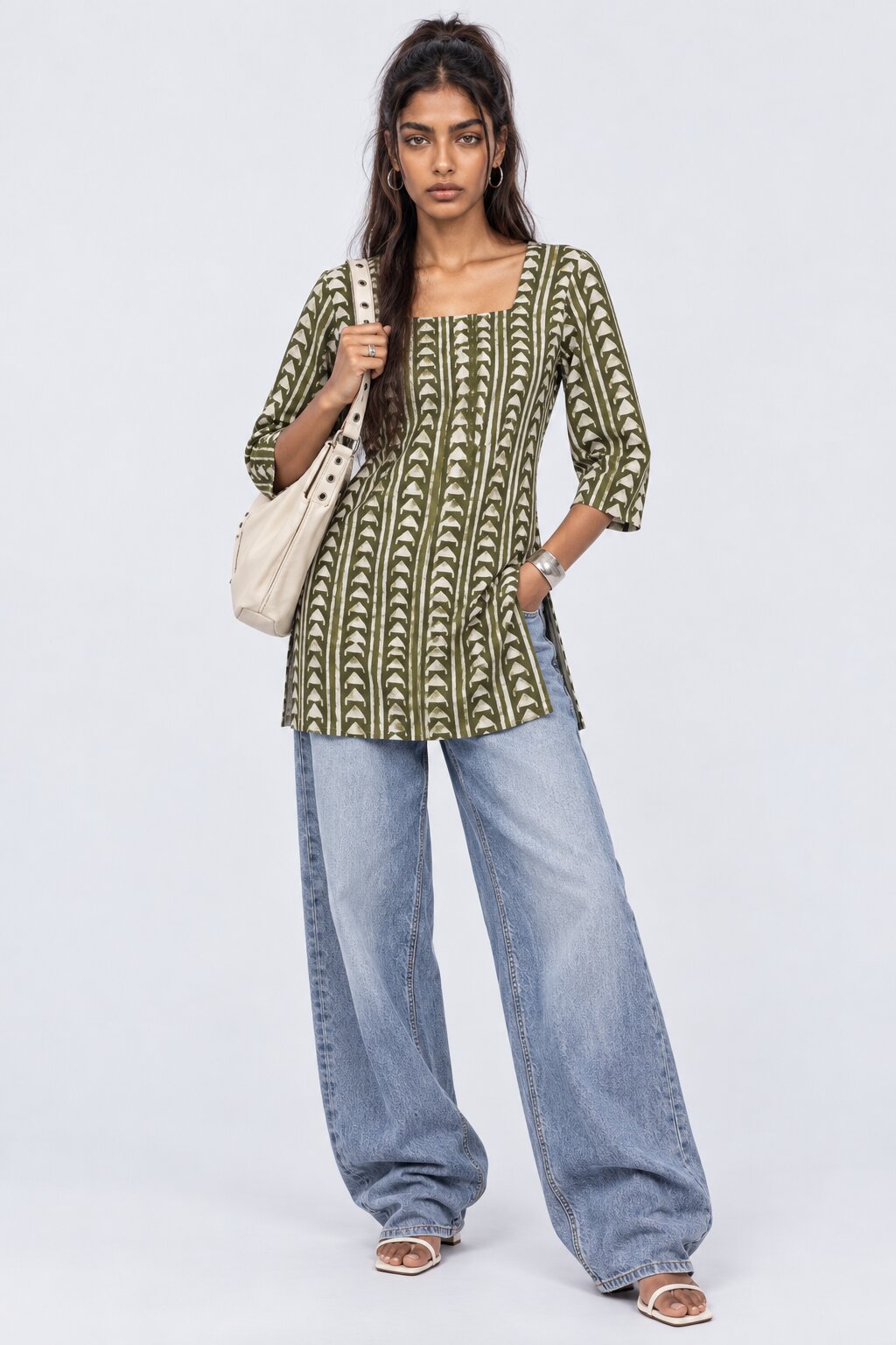 Womens Green Square Neck Cambric Straight Tunic - Image 6