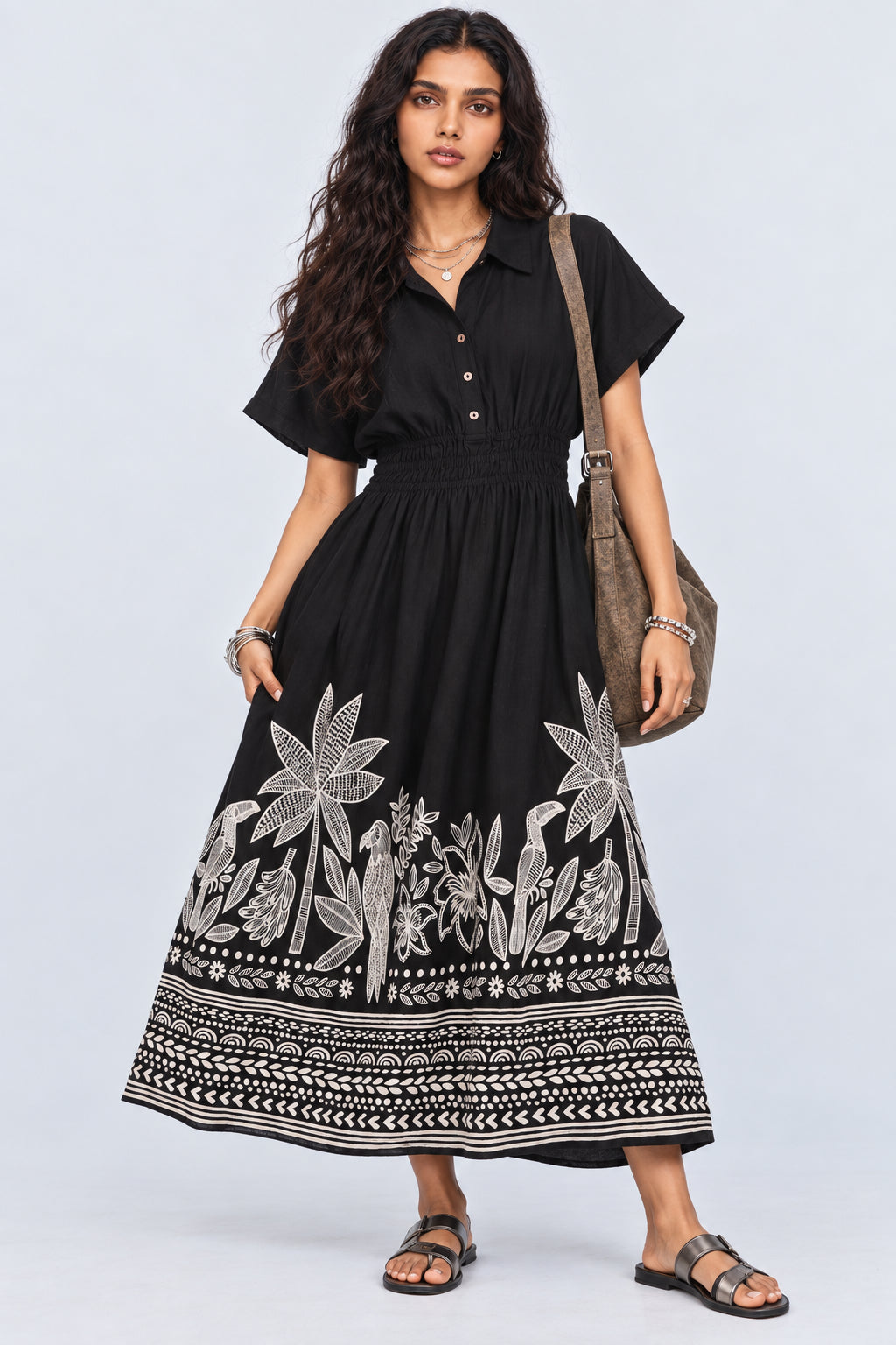 Womens Flared Black Tropical Print Smocked Maxi Dress - Image 1