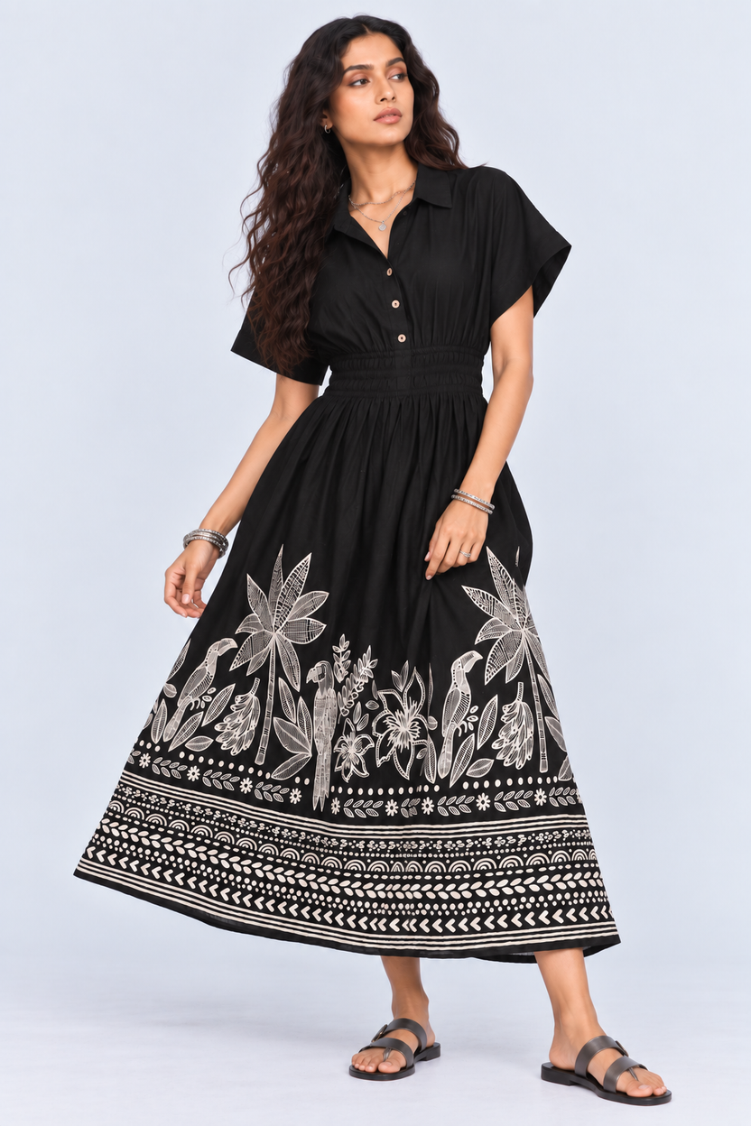 Womens Flared Black Tropical Print Smocked Maxi Dress - Image 2