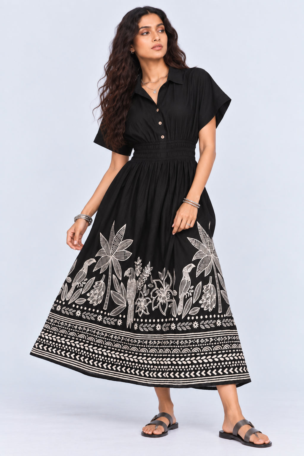 Womens Flared Black Tropical Print Smocked Maxi Dress - Image 2