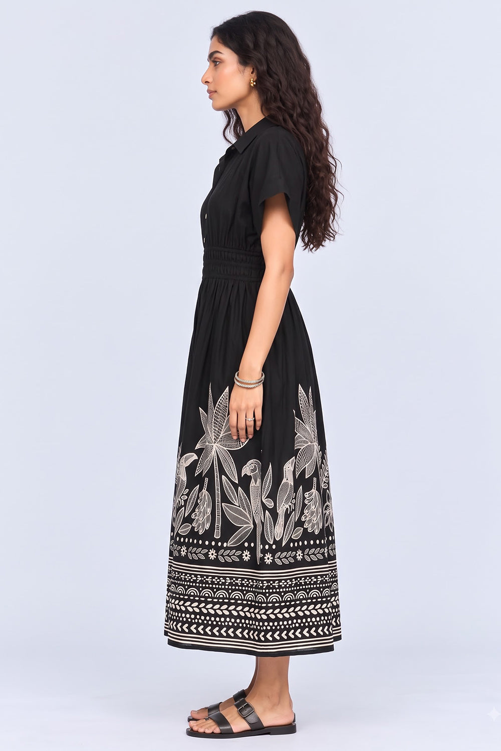 Womens Flared Black Tropical Print Smocked Maxi Dress - Image 4