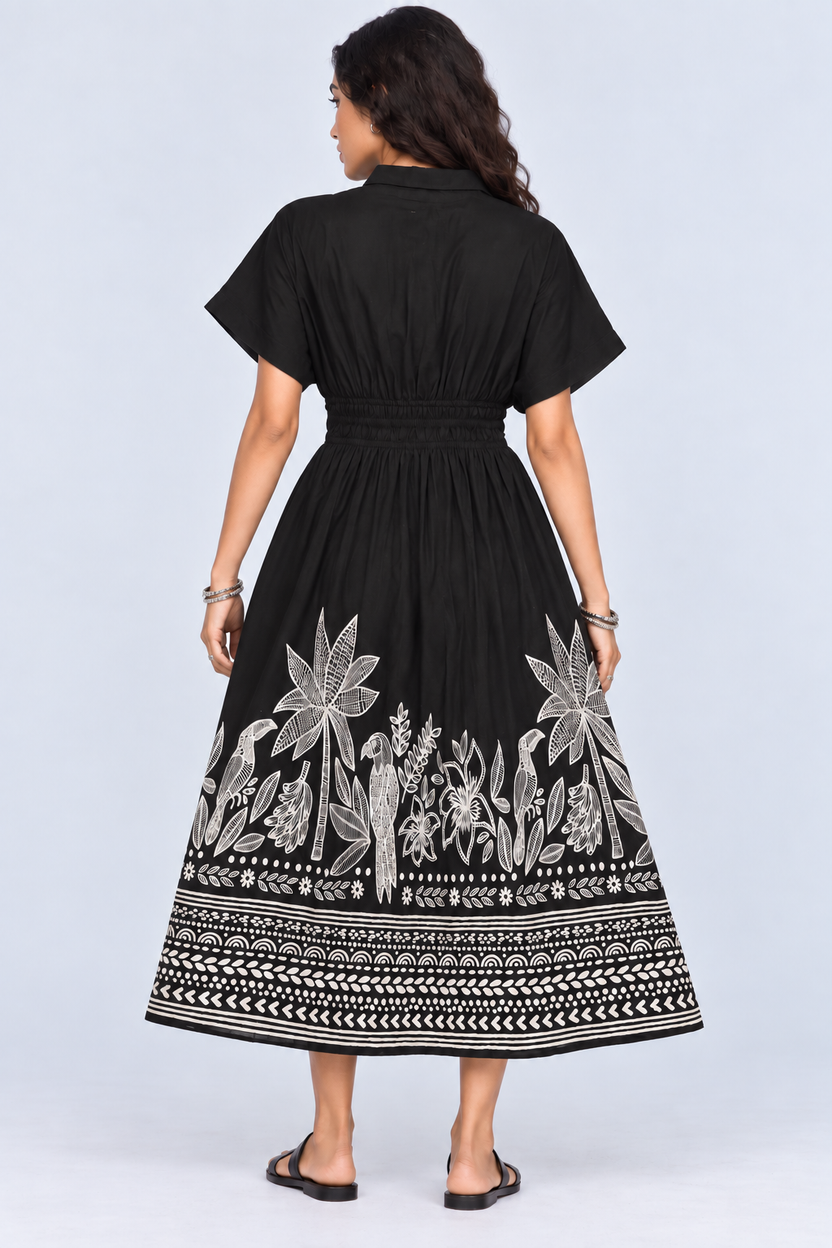 Womens Flared Black Tropical Print Smocked Maxi Dress - Image 5