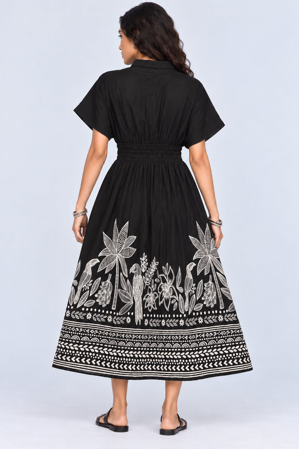 Womens Flared Black Tropical Print Smocked Maxi Dress - Image 5