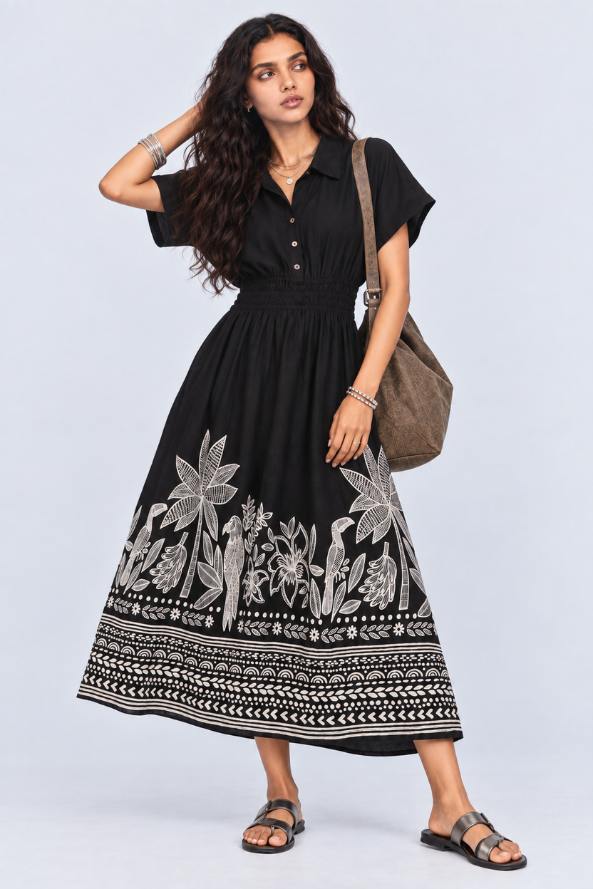 Womens Flared Black Tropical Print Smocked Maxi Dress - Image 6