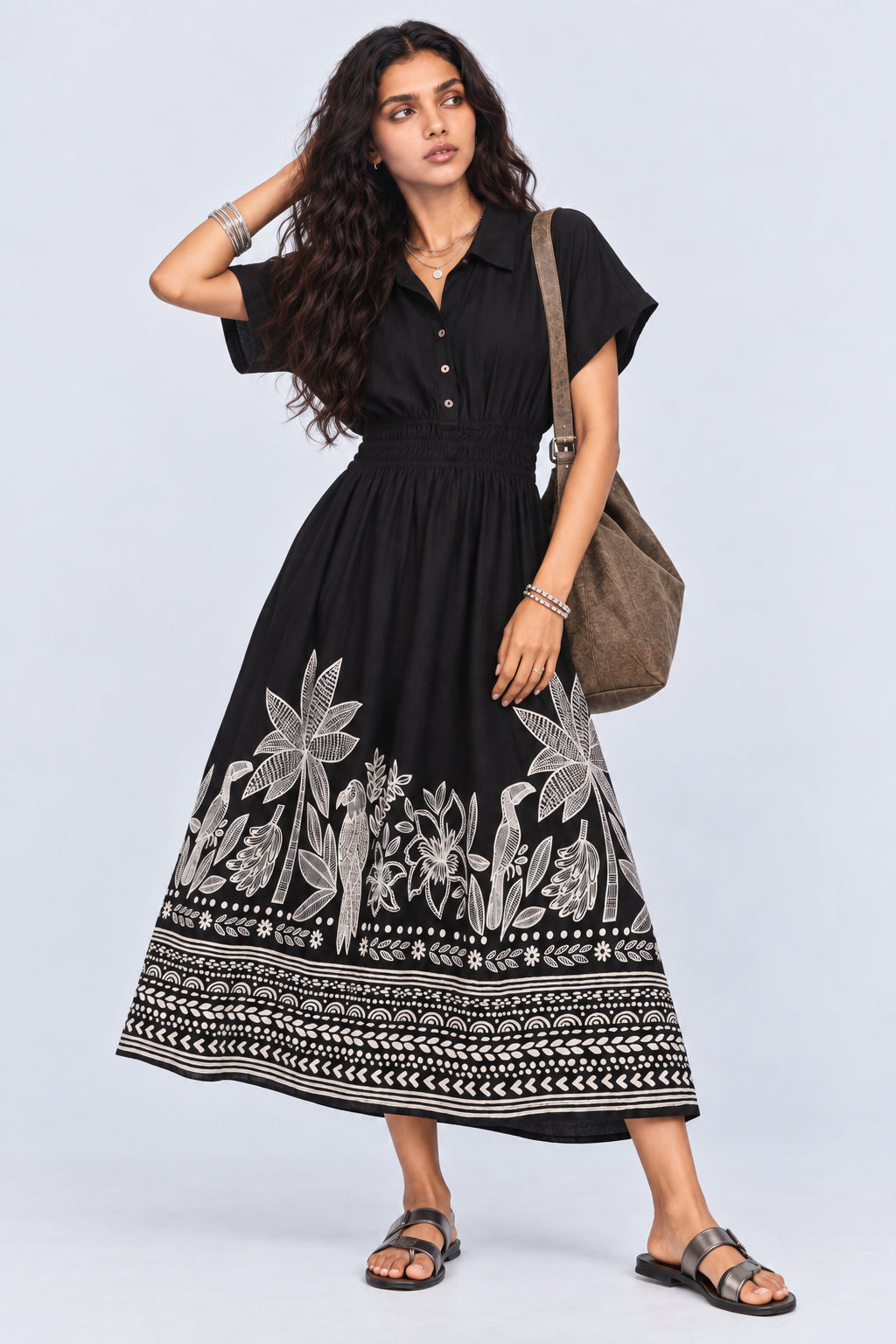 Womens Flared Black Tropical Print Smocked Maxi Dress - Image 6