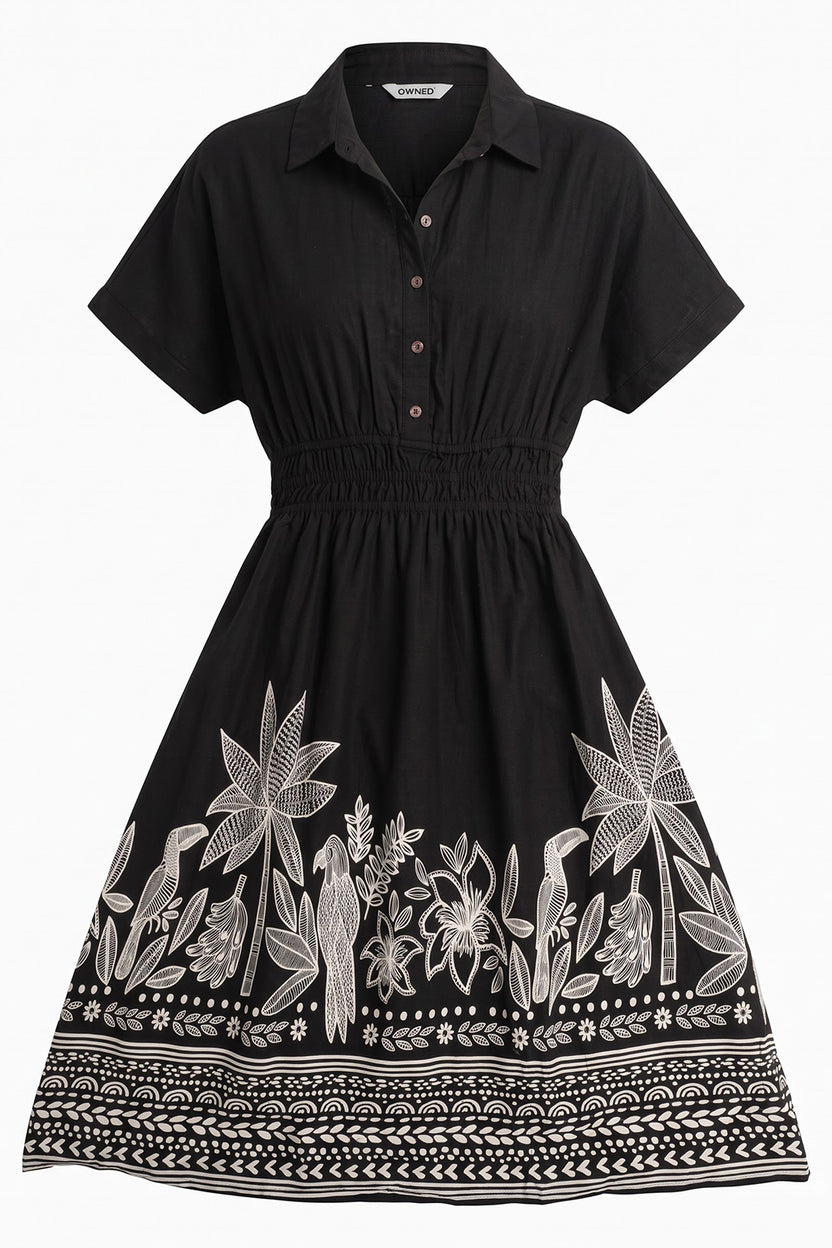 Womens Flared Black Tropical Print Smocked Maxi Dress - Image 7