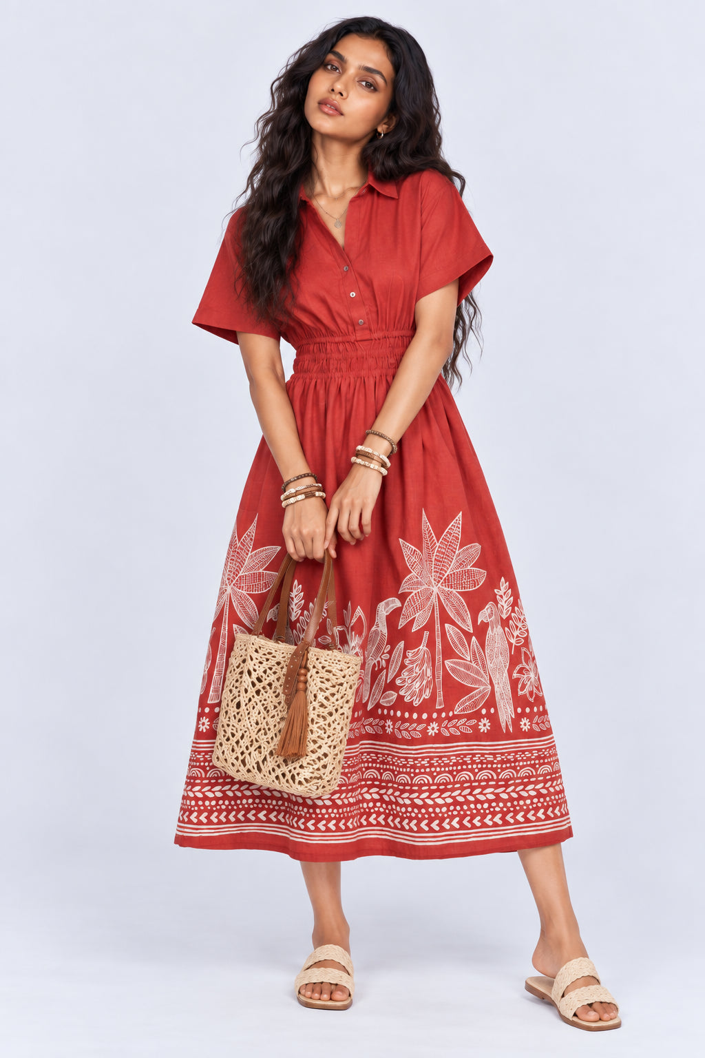 Womens Flared Rust Tropical Print Smocked Maxi Dress - Image 1