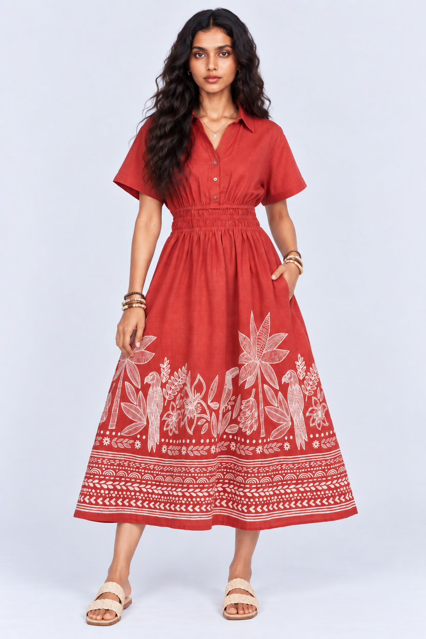 Womens Flared Rust Tropical Print Smocked Maxi Dress - Image 2