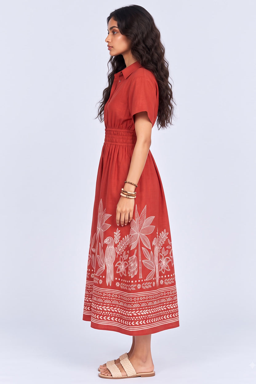 Womens Flared Rust Tropical Print Smocked Maxi Dress - Image 4