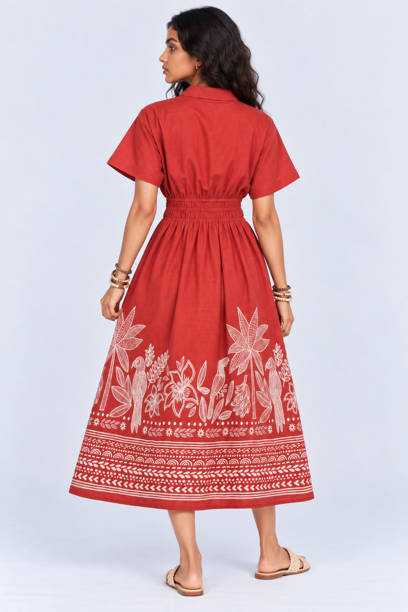 Womens Flared Rust Tropical Print Smocked Maxi Dress - Image 5