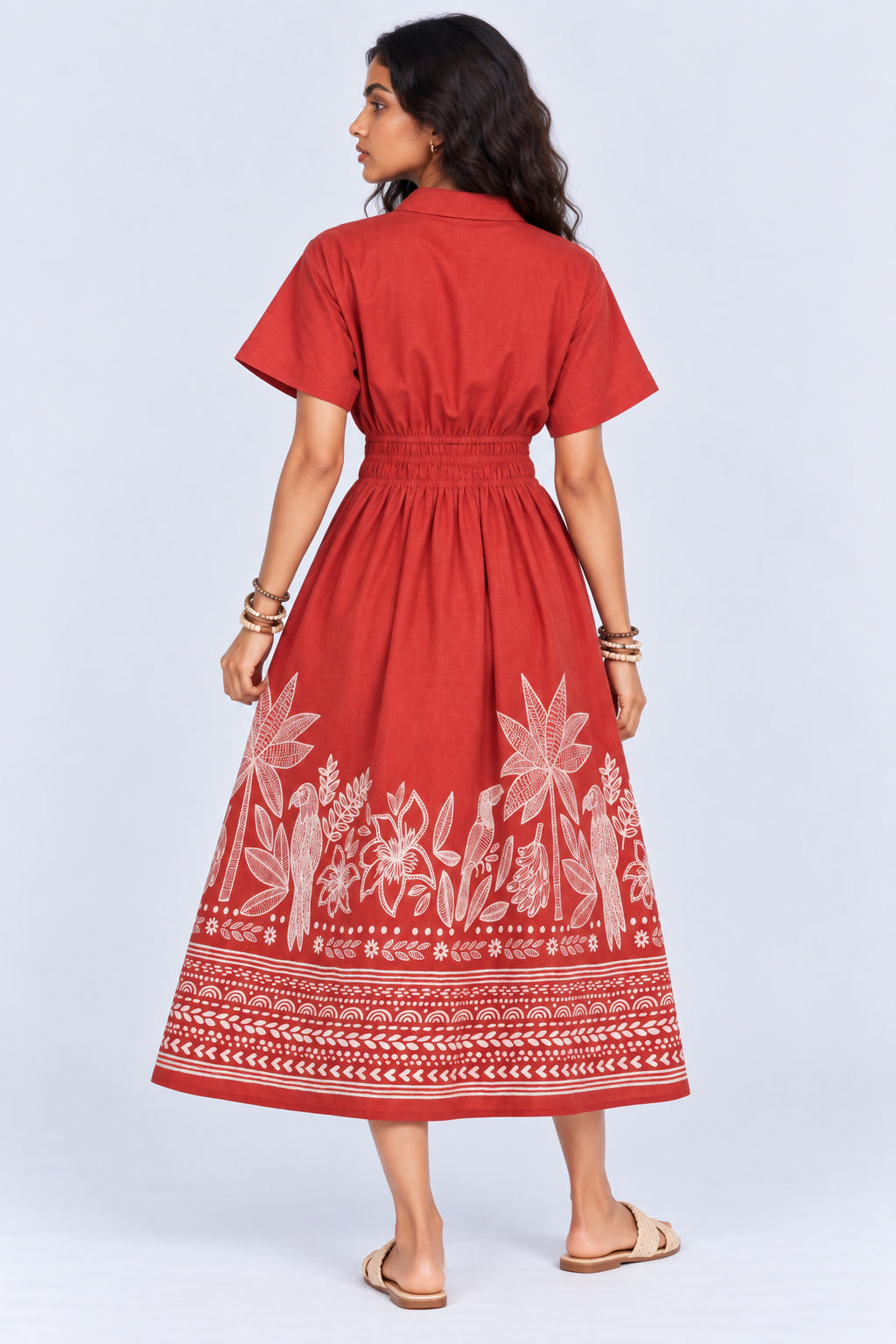 Womens Flared Rust Tropical Print Smocked Maxi Dress - Image 5