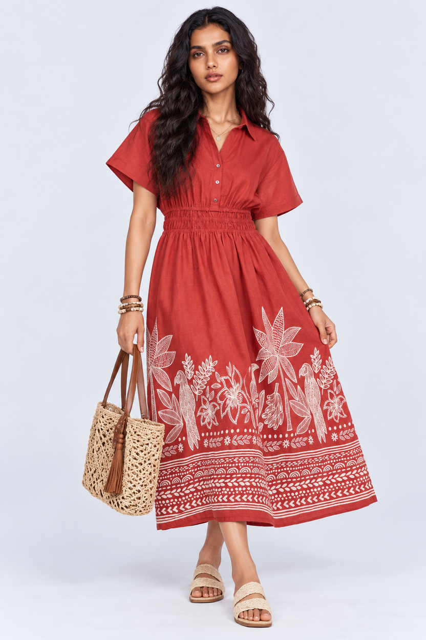 Womens Flared Rust Tropical Print Smocked Maxi Dress - Image 6