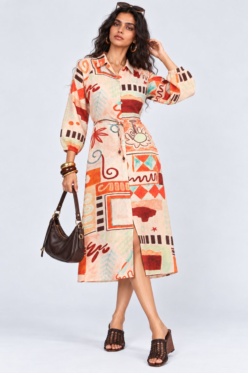 Womens Flared Multi-coloured Abstract Print Shirt Midi Dress - Image 1