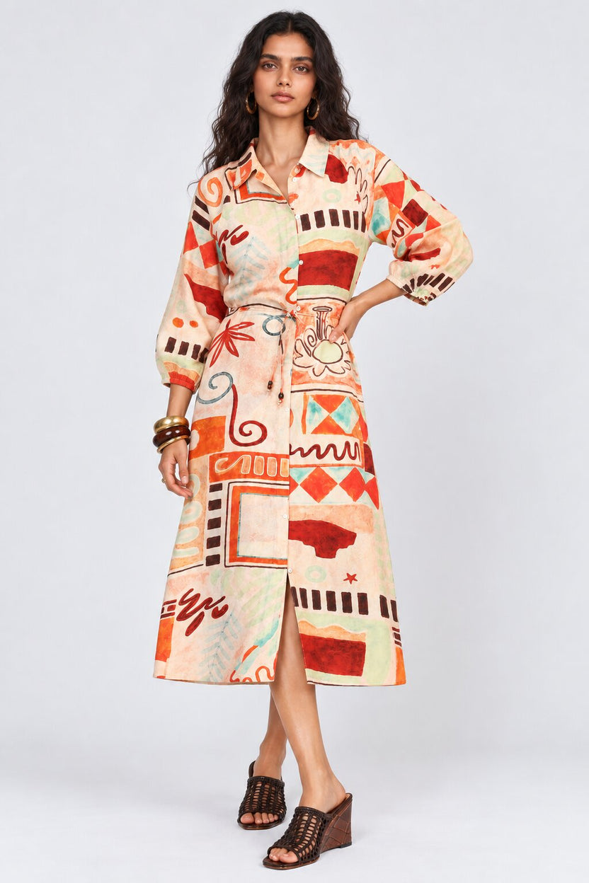 Womens Flared Multi-coloured Abstract Print Shirt Midi Dress - Image 2