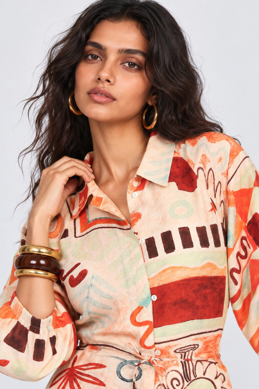 Womens Flared Multi-coloured Abstract Print Shirt Midi Dress - Image 3