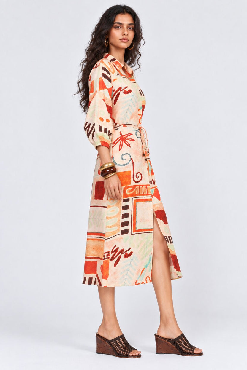Womens Flared Multi-coloured Abstract Print Shirt Midi Dress - Image 4