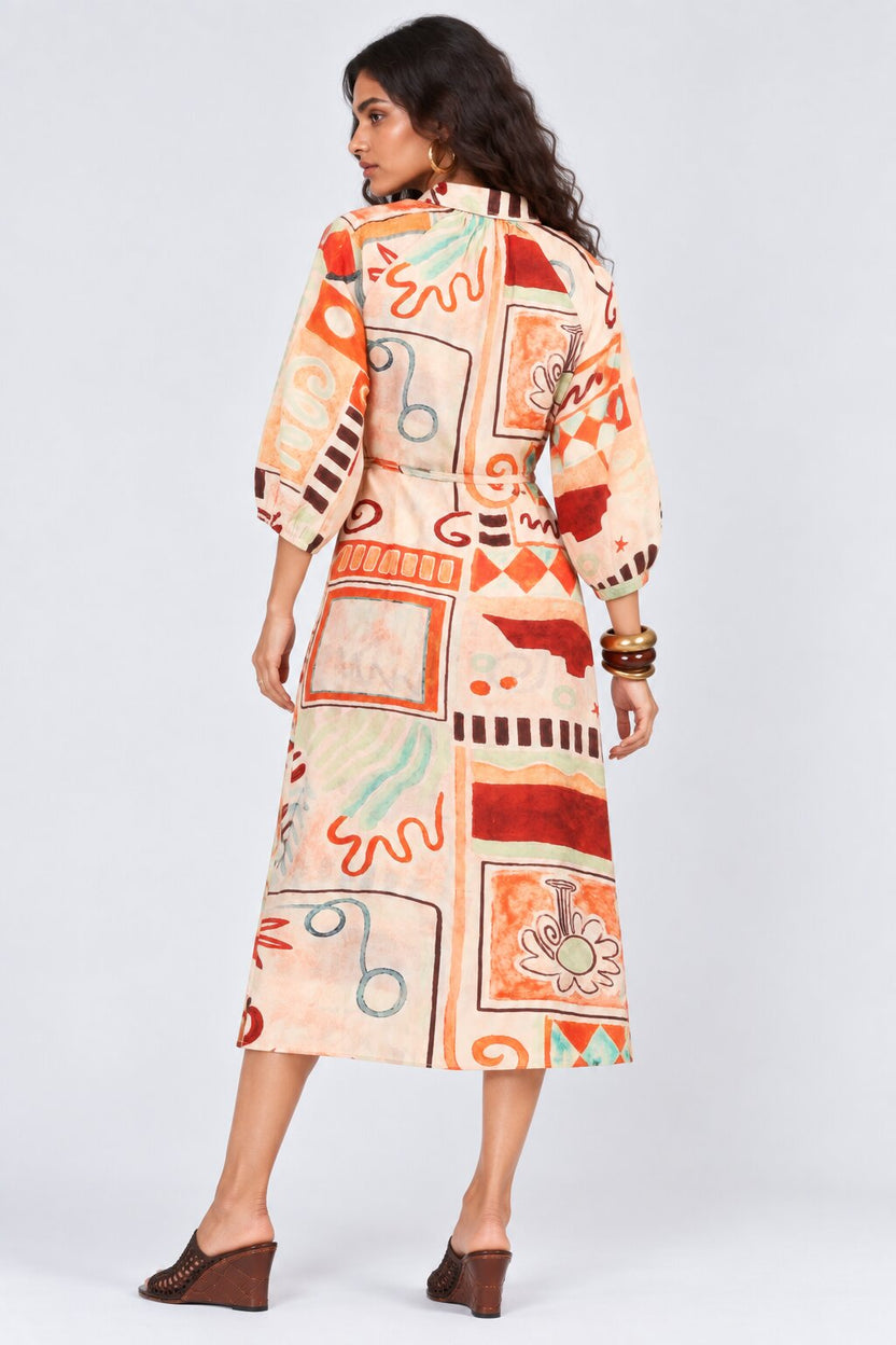 Womens Flared Multi-coloured Abstract Print Shirt Midi Dress - Image 5