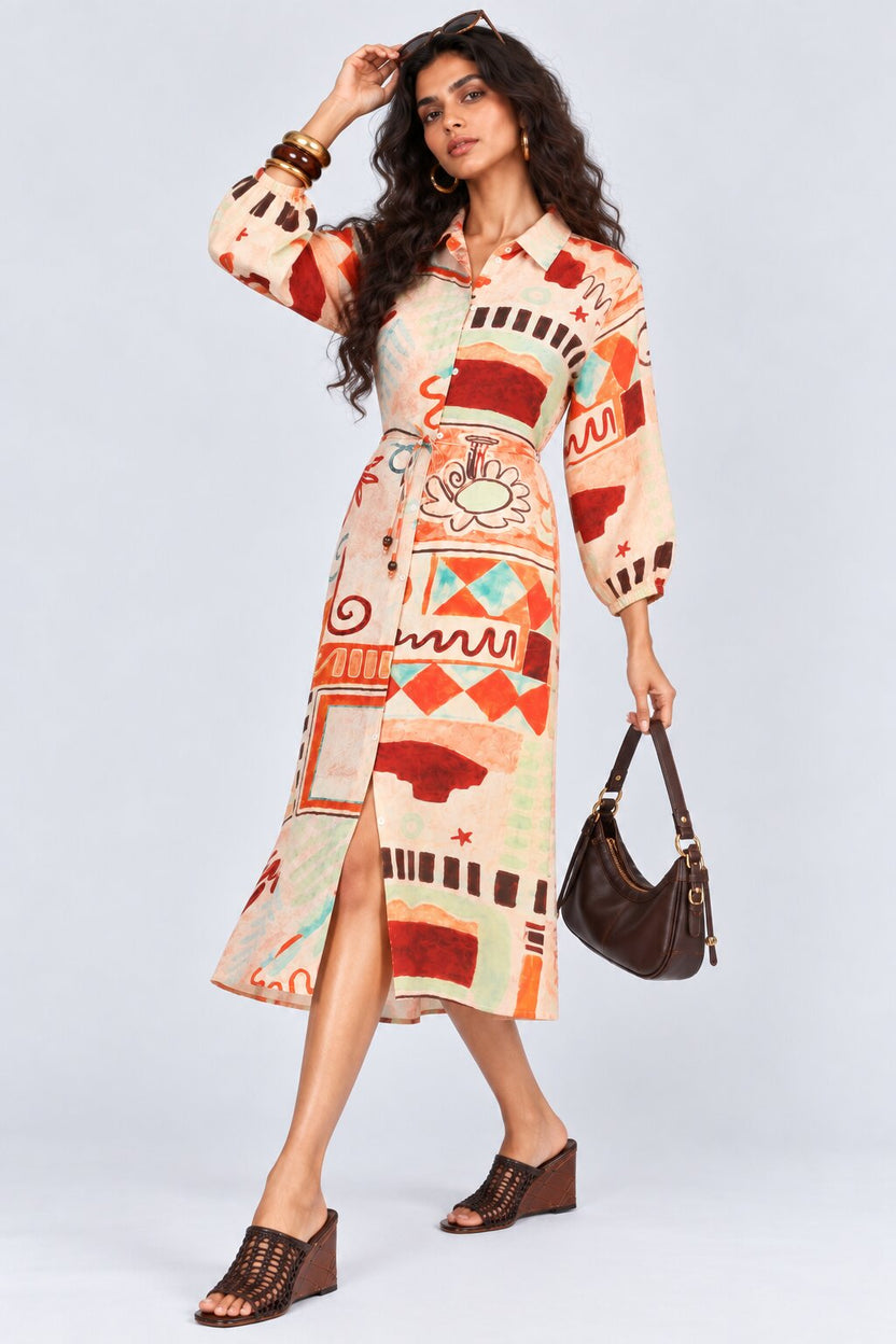 Womens Flared Multi-coloured Abstract Print Shirt Midi Dress - Image 6
