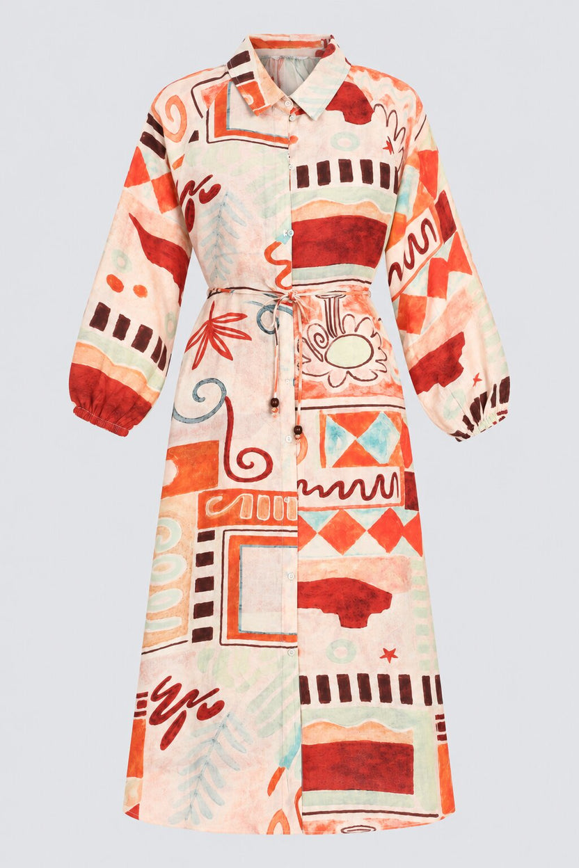 Womens Flared Multi-coloured Abstract Print Shirt Midi Dress - Image 7