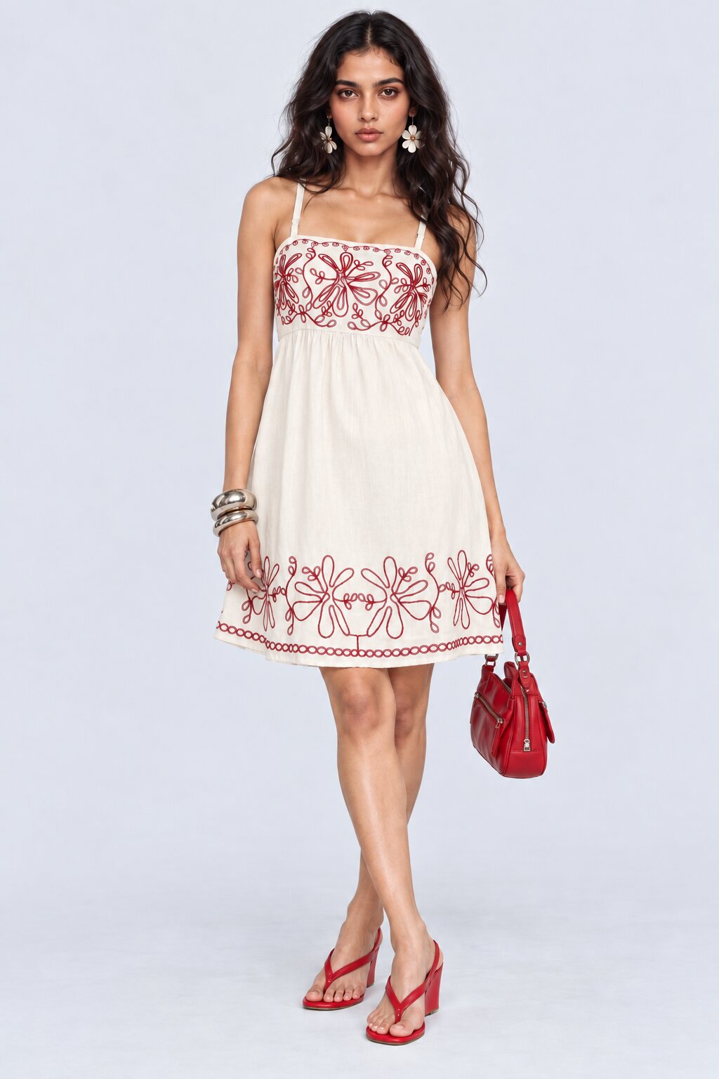 Womens Off White Embroidered Strap Fit Flare Dress - Image 1