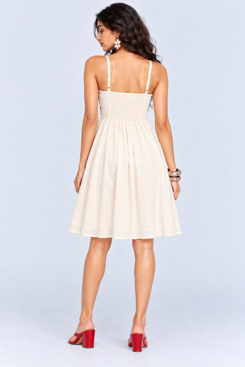 Womens Off White Embroidered Strap Fit Flare Dress - Image 5