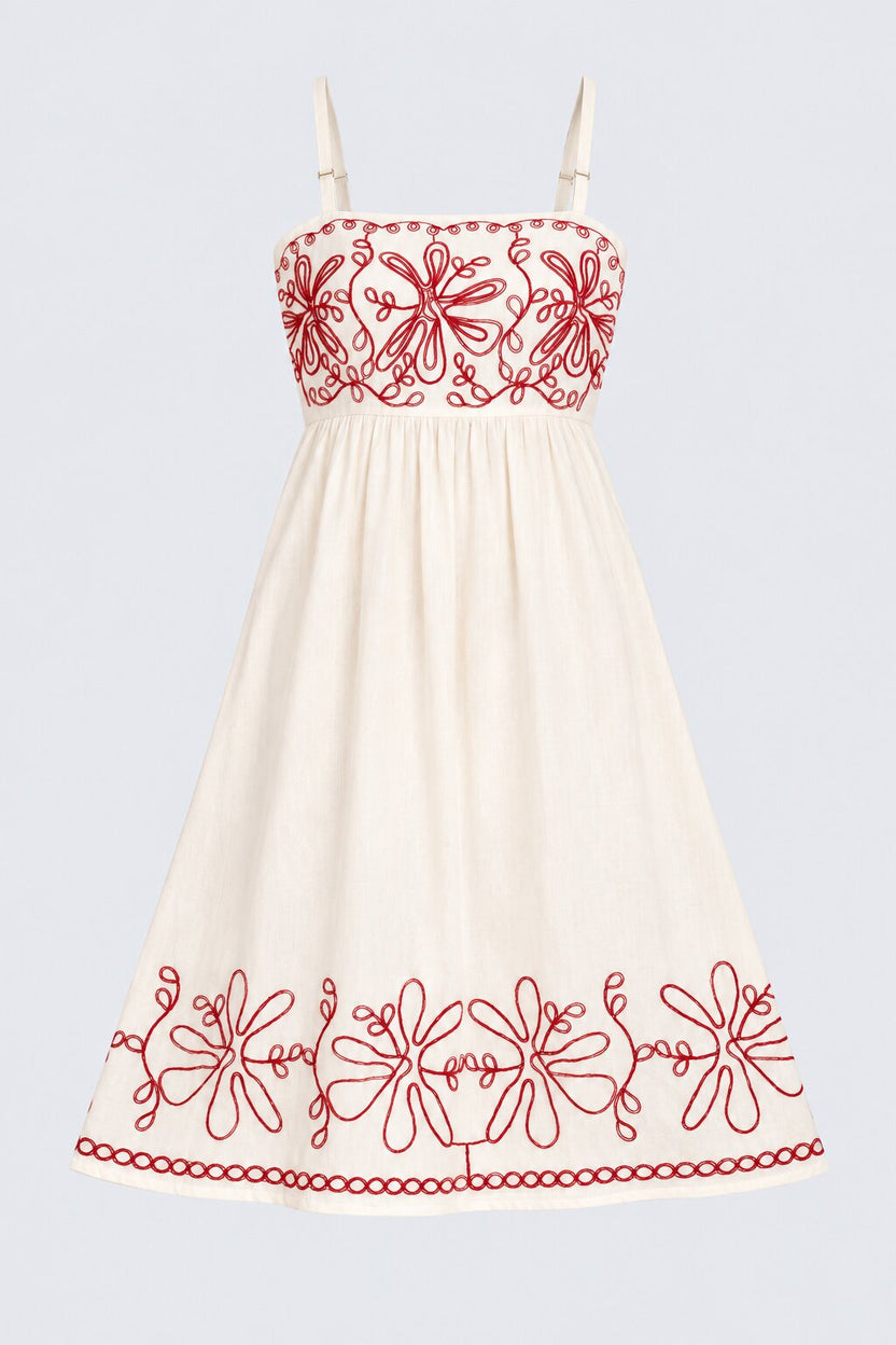 Womens Off White Embroidered Strap Fit Flare Dress - Image 7