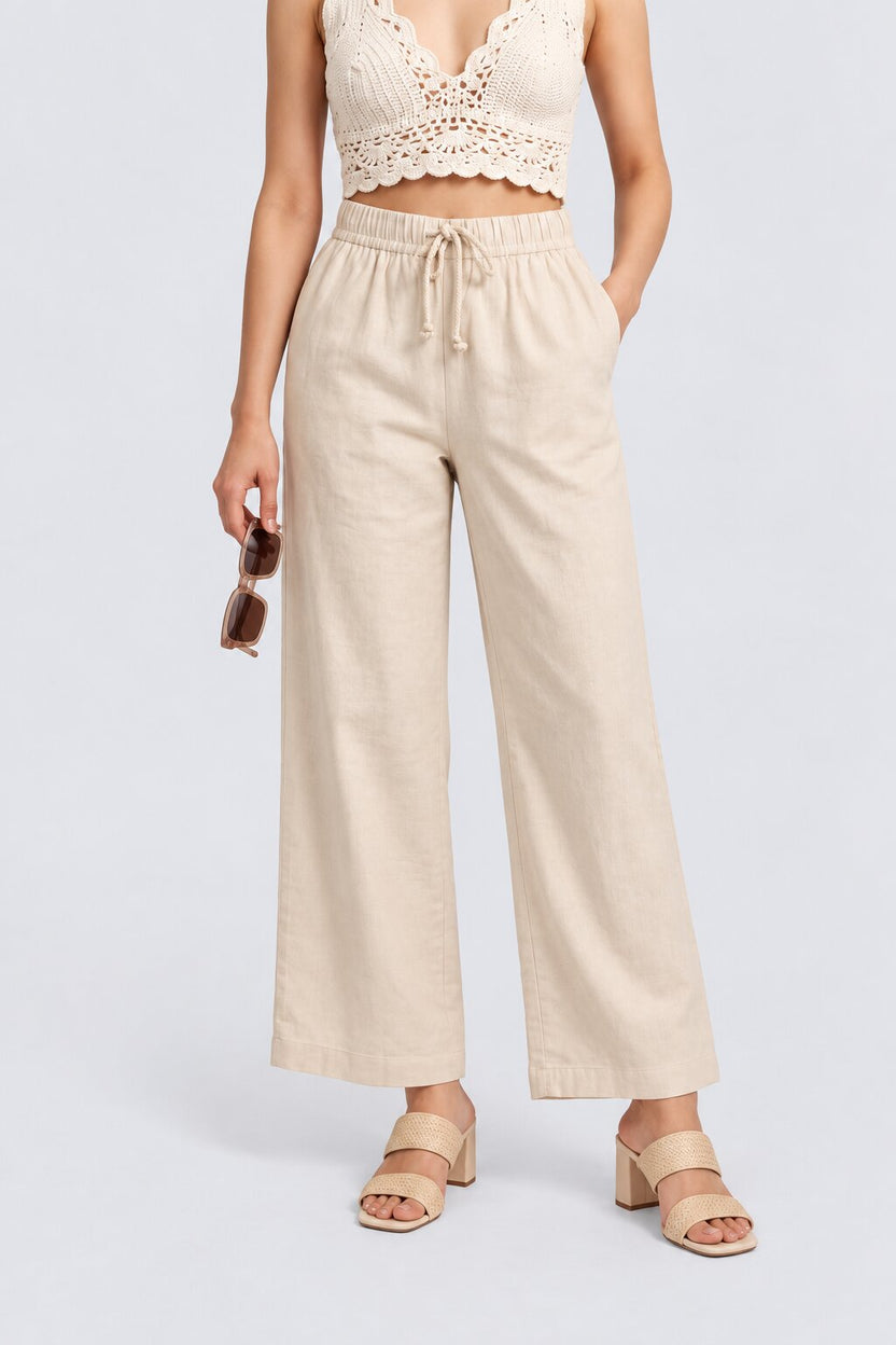 Womens Wide Leg Viscose Cream Solid Pant - Image 1