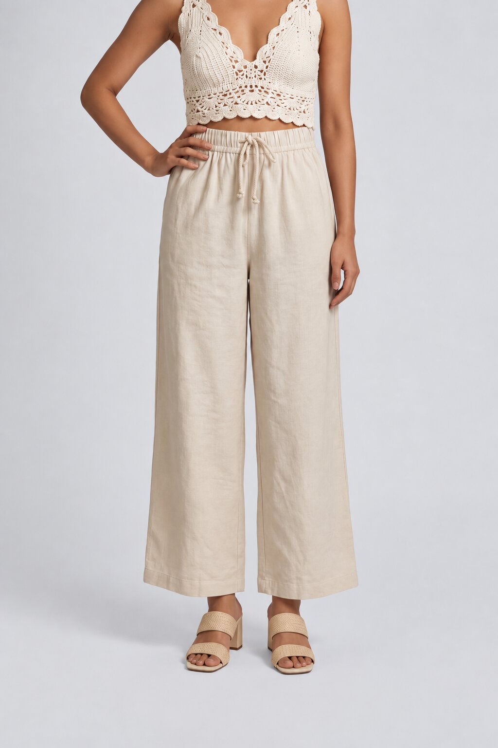 Womens Wide Leg Viscose Cream Solid Pant - Image 2