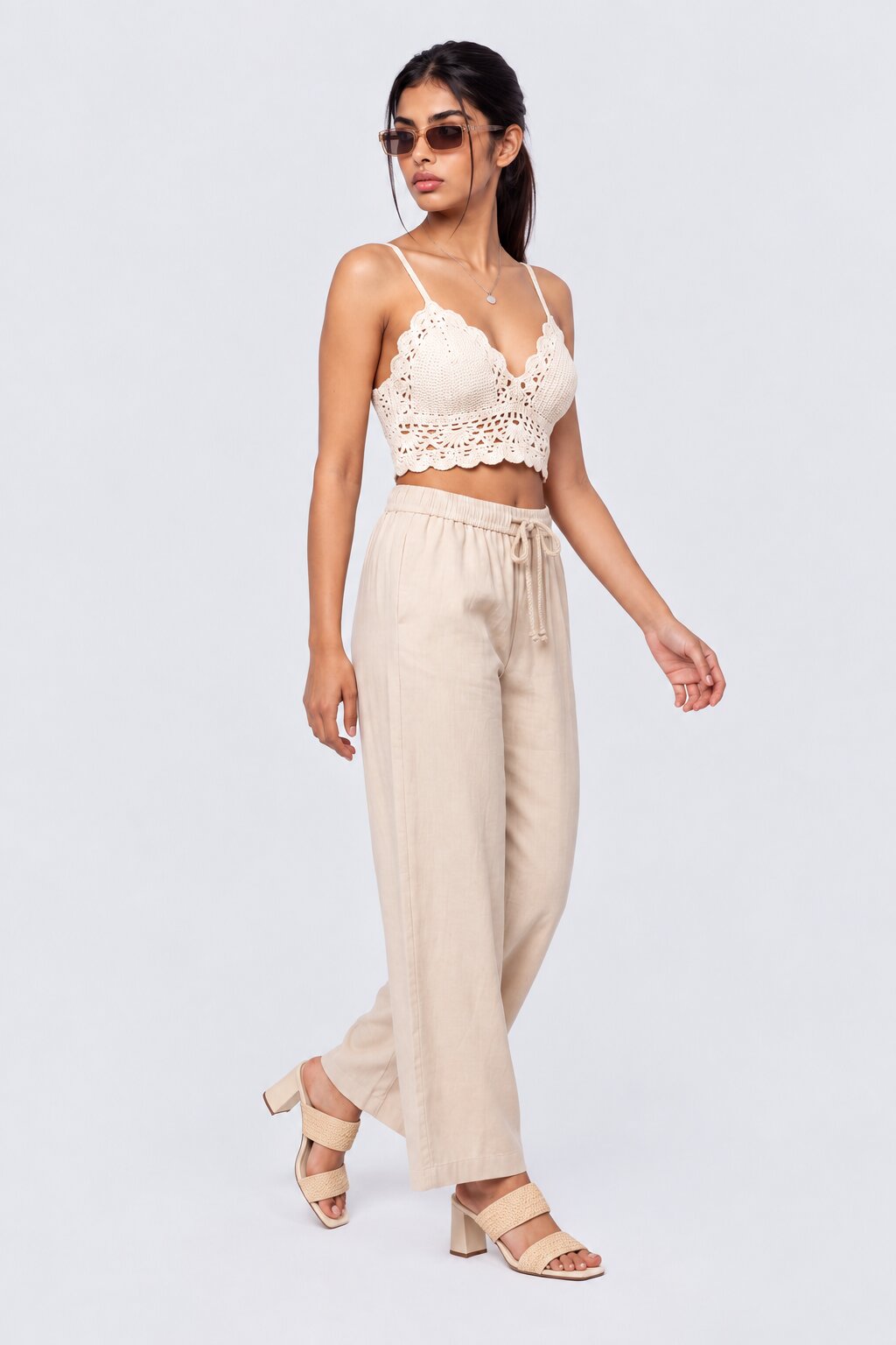 Womens Wide Leg Viscose Cream Solid Pant - Image 6