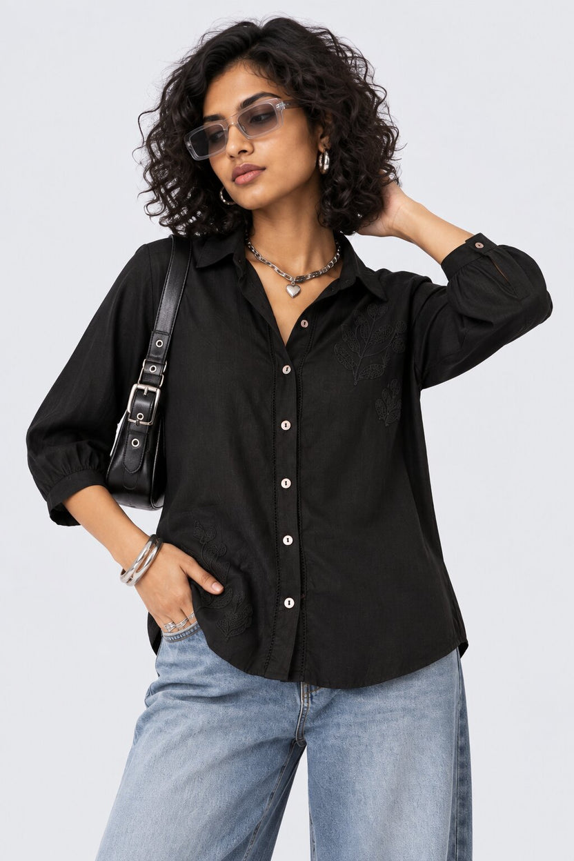 Womens Black Embroidered Button Down Shirt - Image 1