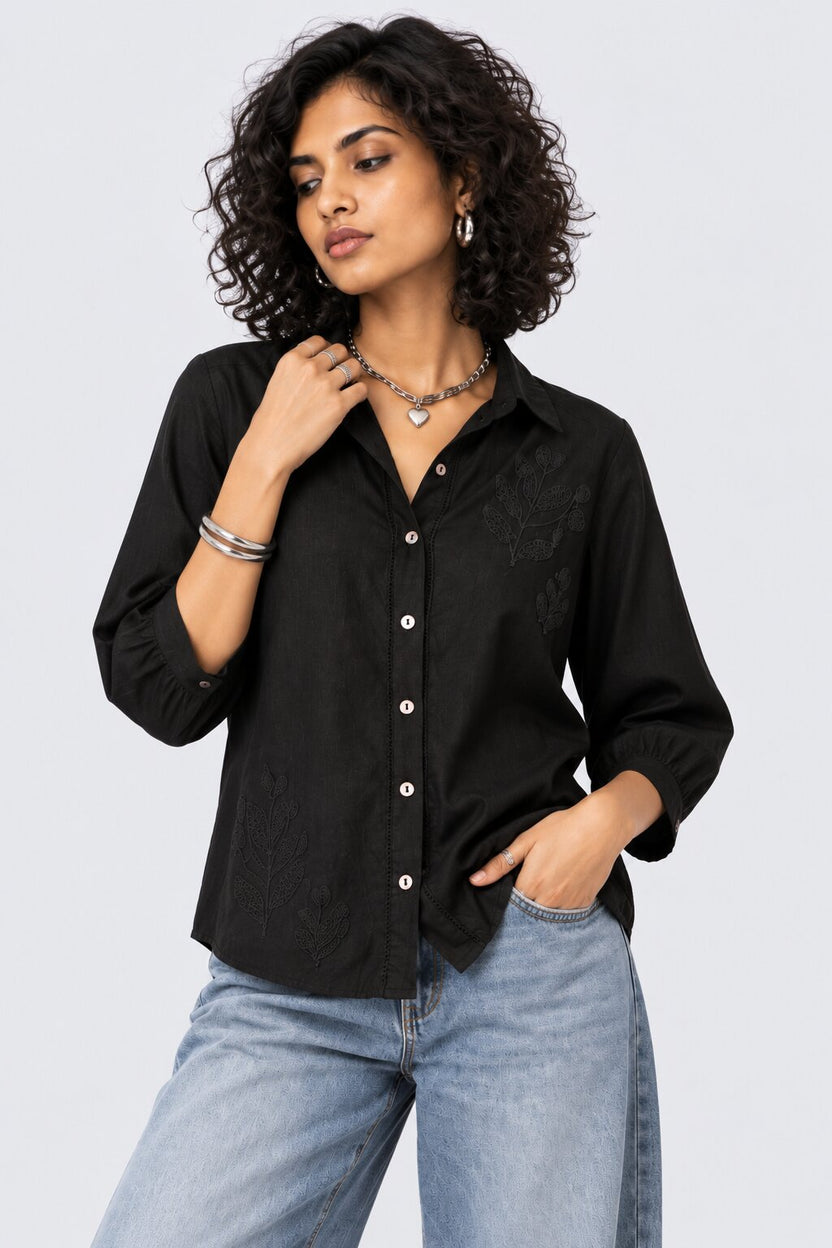 Womens Black Embroidered Button Down Shirt - Image 2