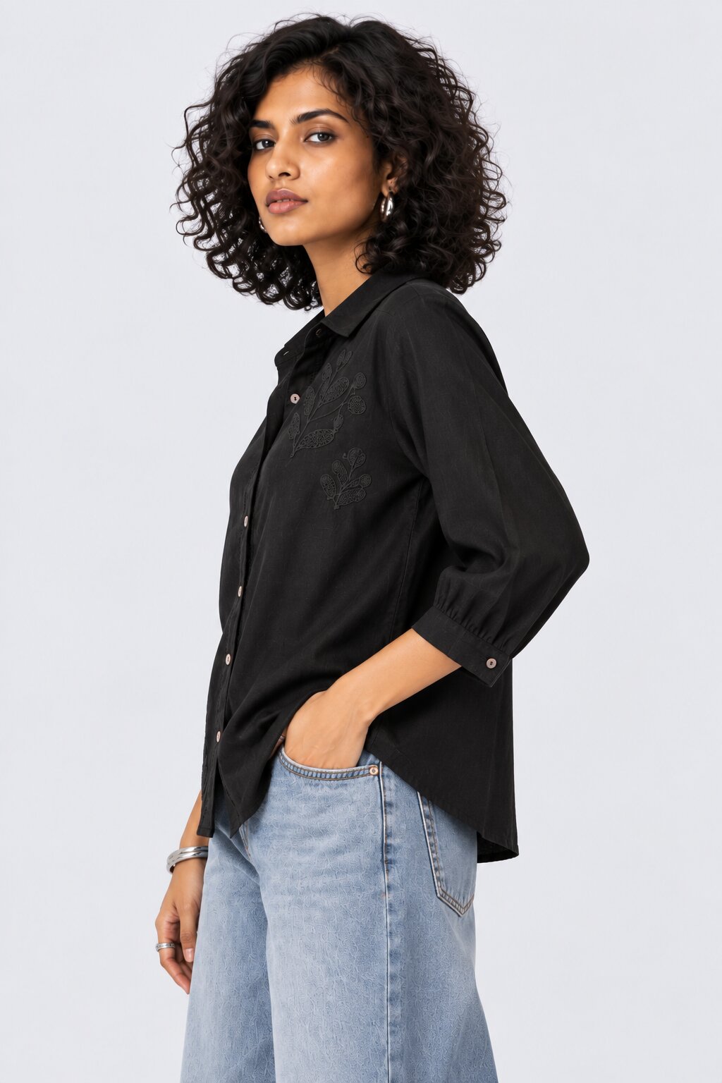 Womens Black Embroidered Button Down Shirt - Image 4