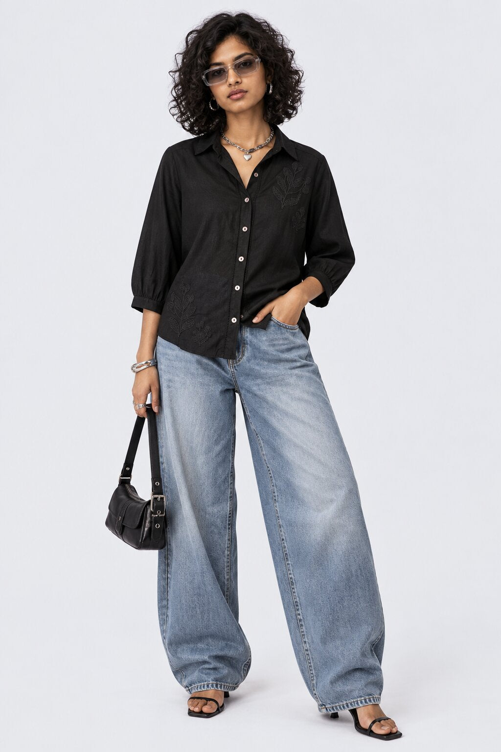 Womens Black Embroidered Button Down Shirt - Image 6