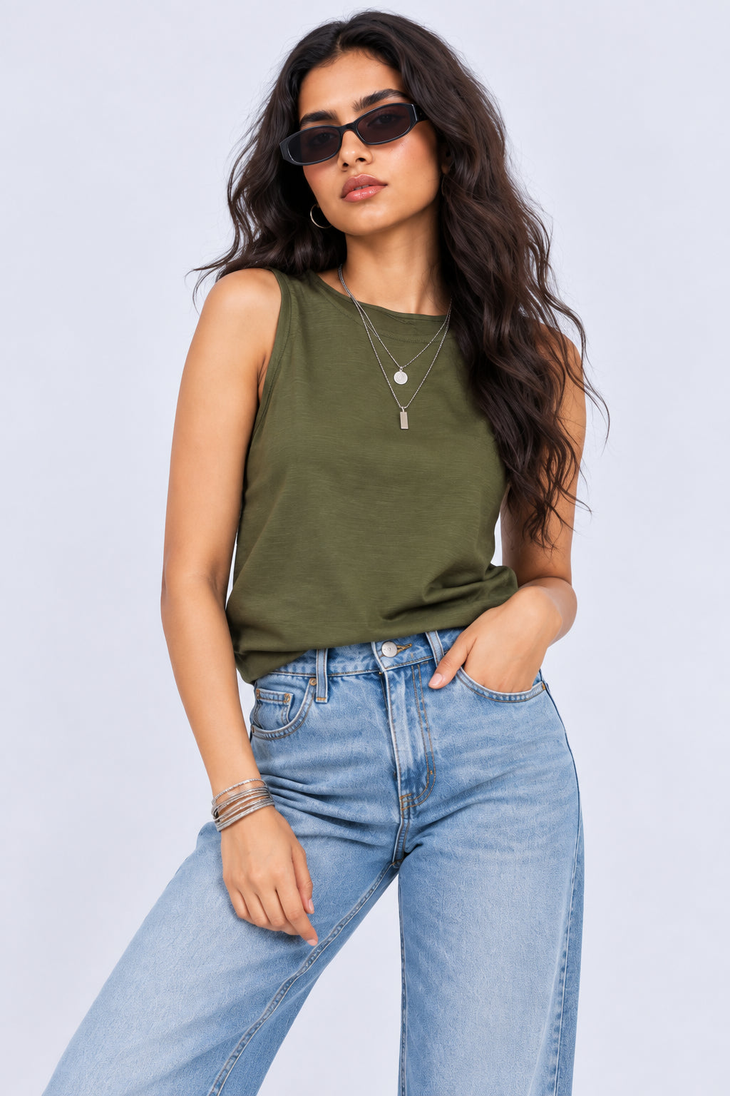 Womens Olive Textured Sleeveless Top - Image 1