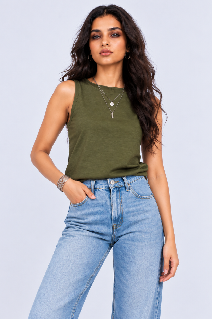 Womens Olive Textured Sleeveless Top - Image 2
