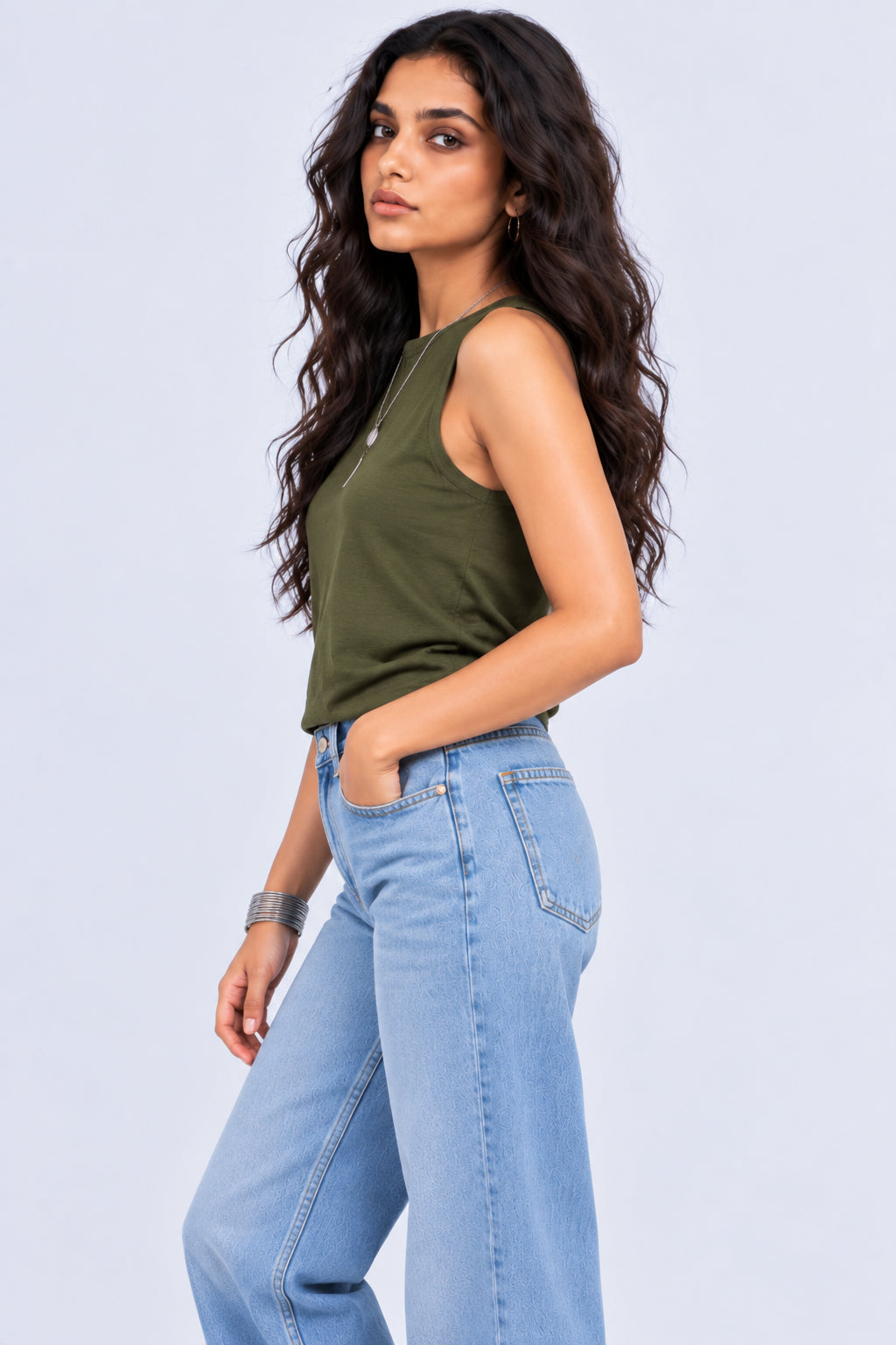Womens Olive Textured Sleeveless Top - Image 4