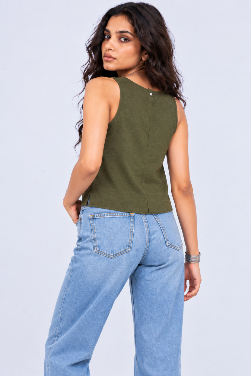 Womens Olive Textured Sleeveless Top - Image 5