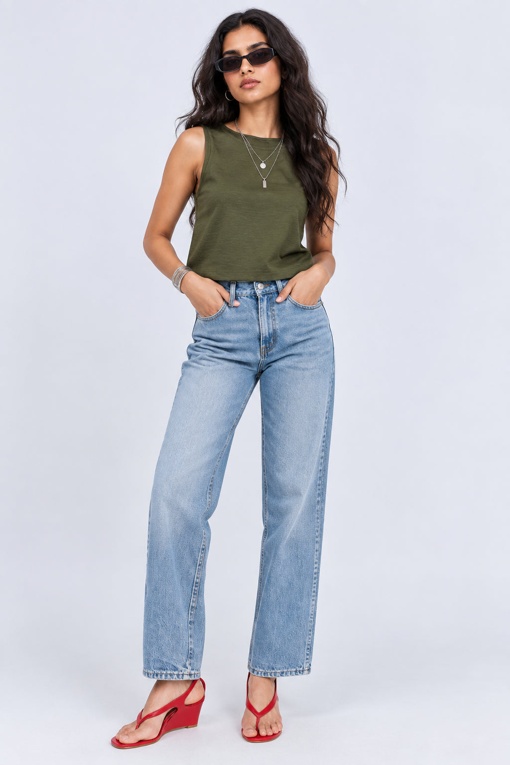 Womens Olive Textured Sleeveless Top - Image 6