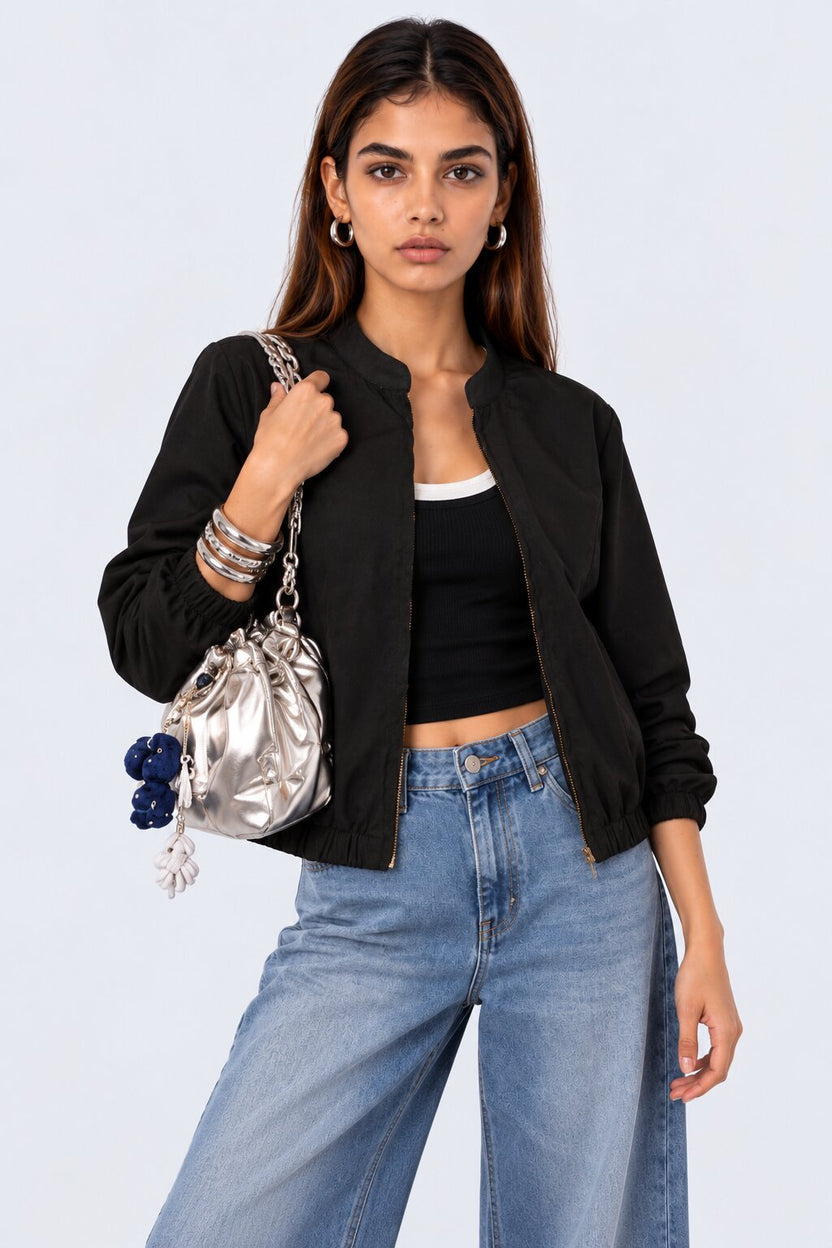 Womens Regular Fit Black Zip Front Jacket - Image 1
