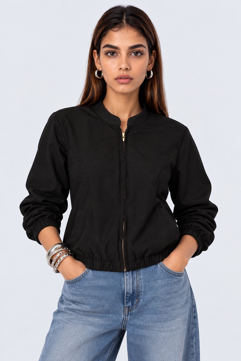 Womens Regular Fit Black Zip Front Jacket - Image 2