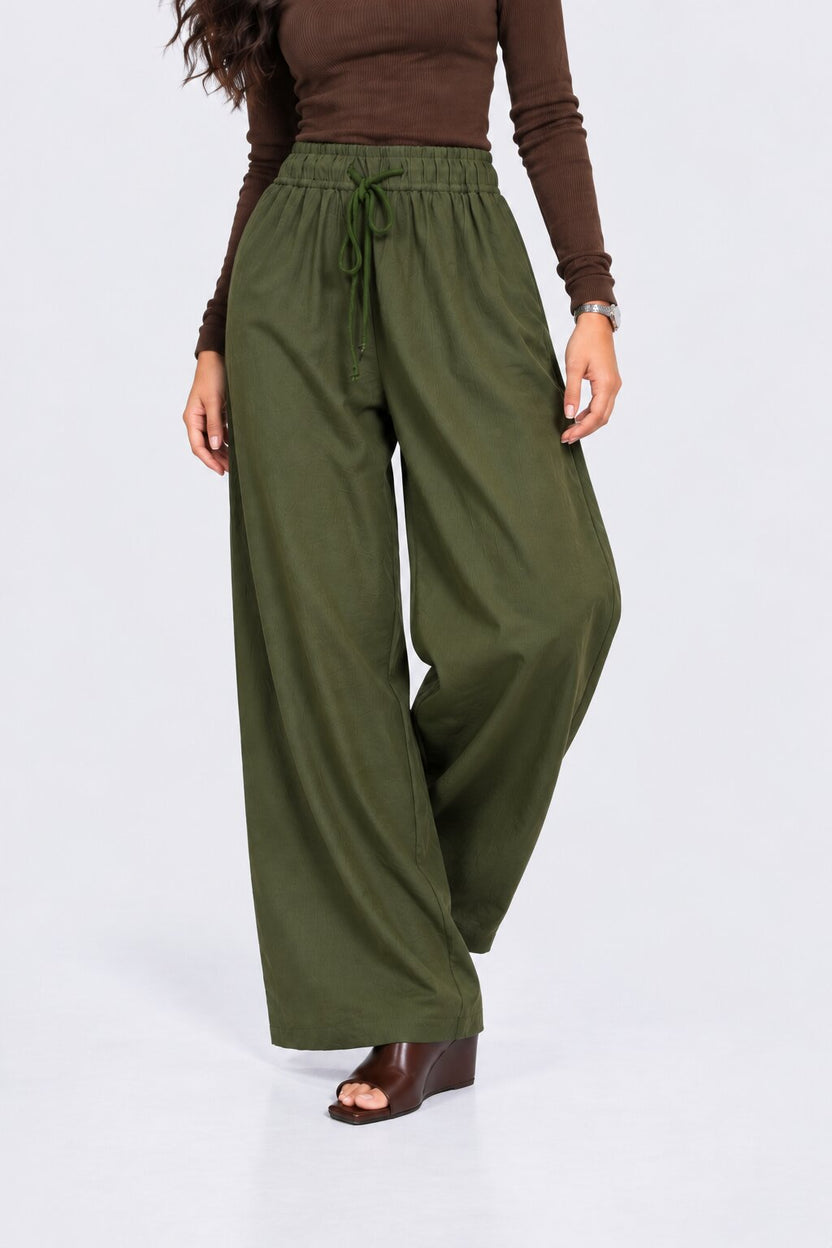 Womens Wide Leg Solid Olive Drawstring Pant - Image 2