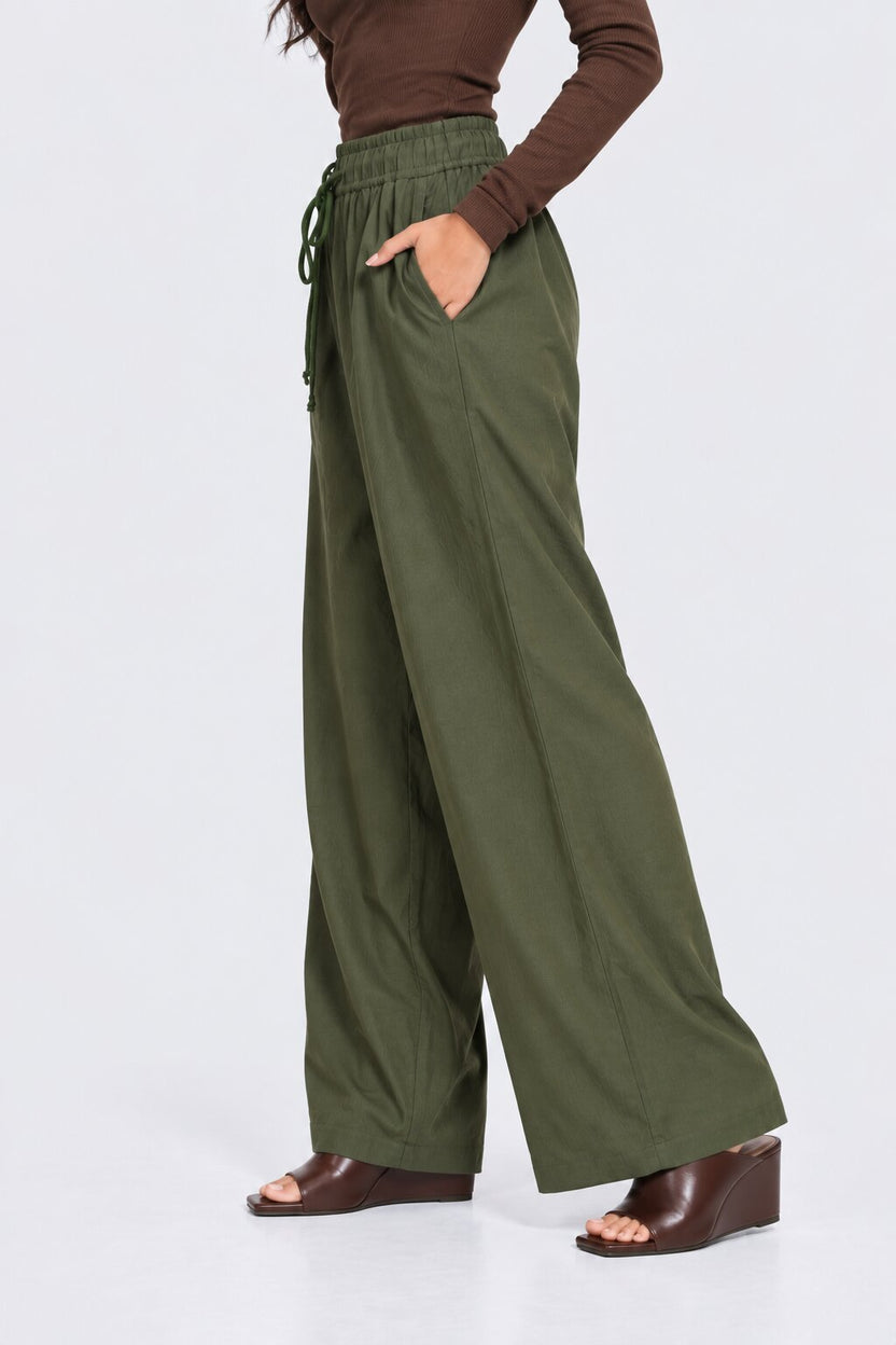 Womens Wide Leg Solid Olive Drawstring Pant - Image 4