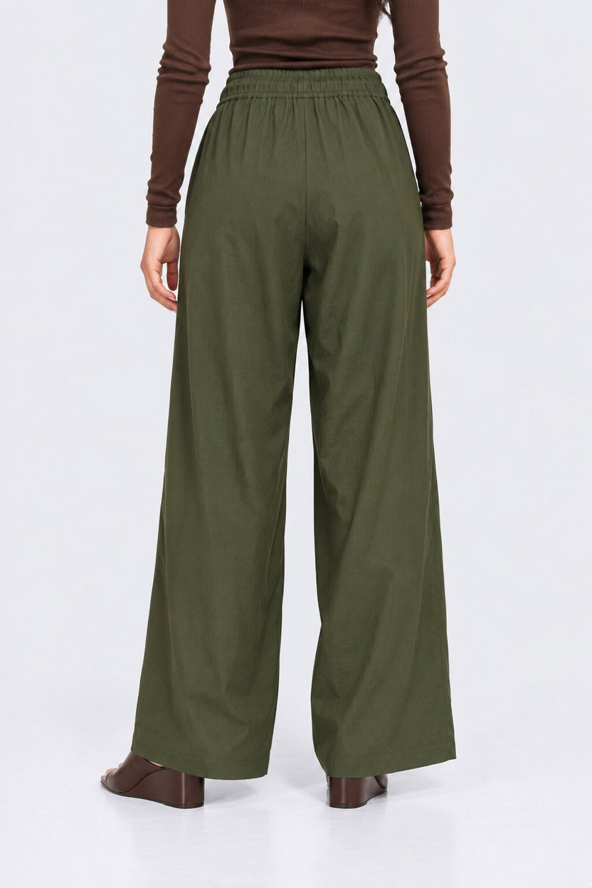 Womens Wide Leg Solid Olive Drawstring Pant - Image 5