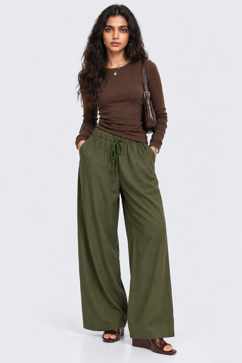 Womens Wide Leg Solid Olive Drawstring Pant - Image 6