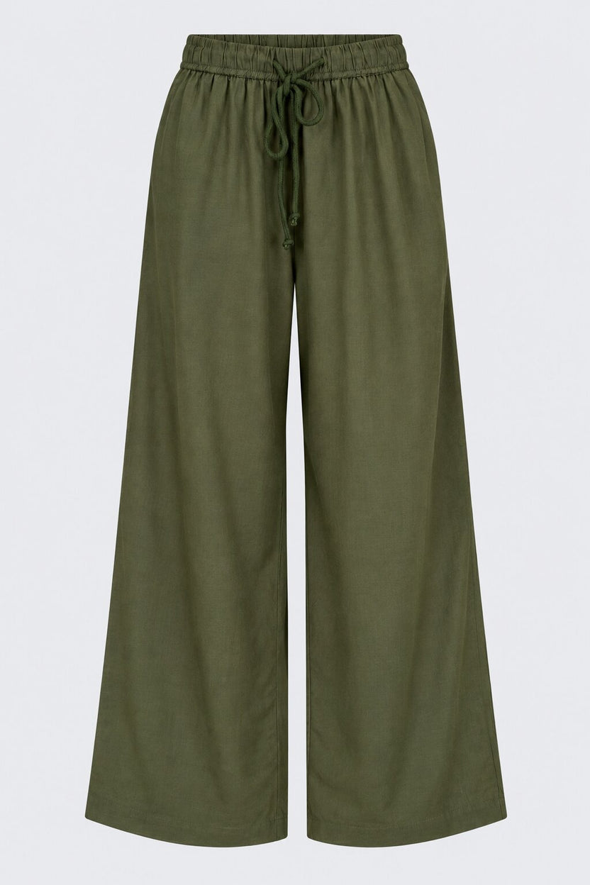Womens Wide Leg Solid Olive Drawstring Pant - Image 7