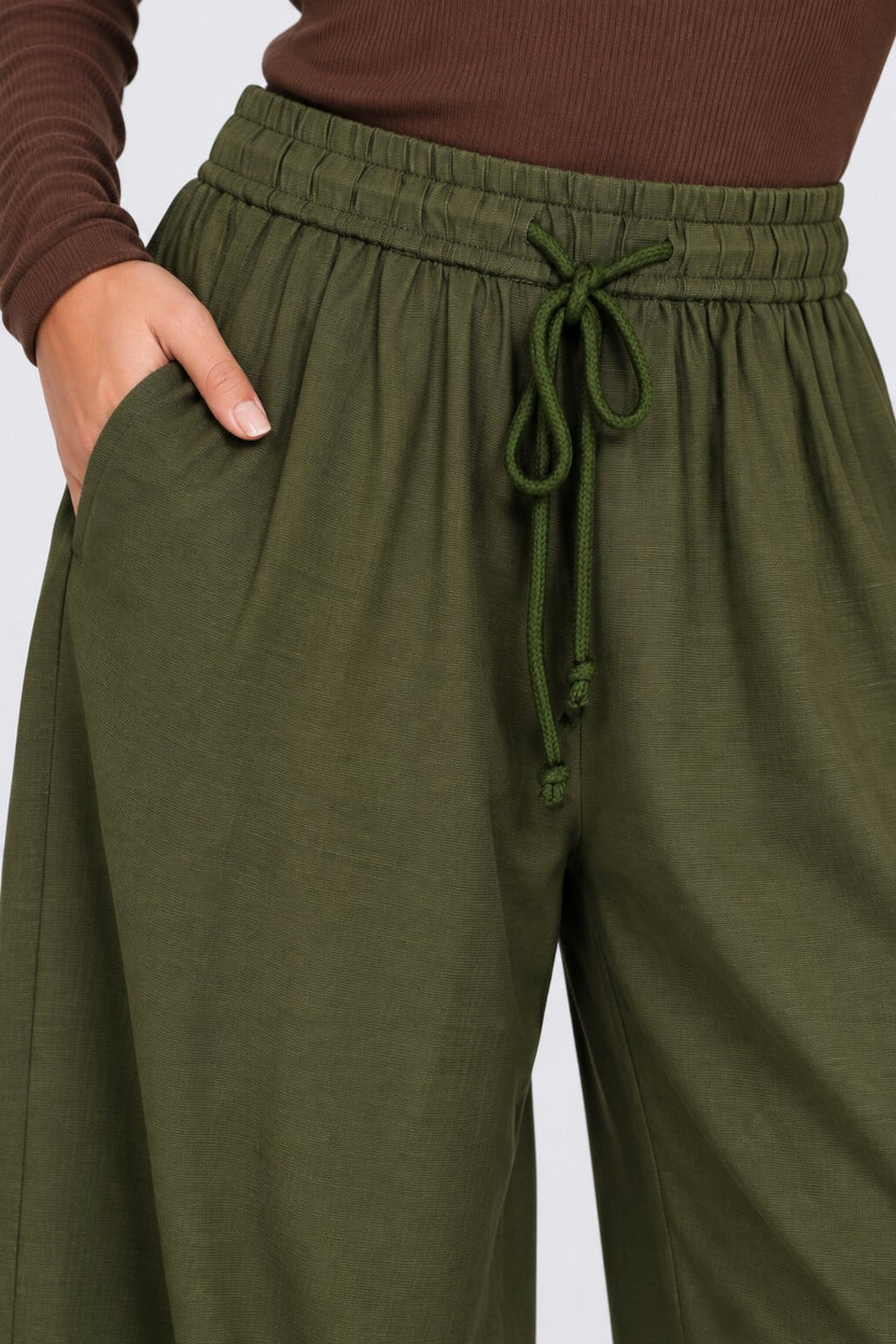 Womens Wide Leg Solid Olive Drawstring Pant - Image 9